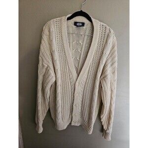 Chunky Cable knit irish style cardigan button sweater L cream beige acrylic